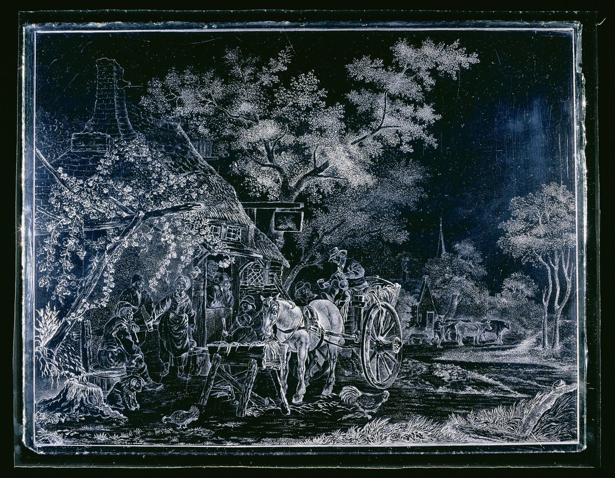 Fenster mit Pferd und Wagen und einigen Figuren vor einem Gasthaus von Andries Melort