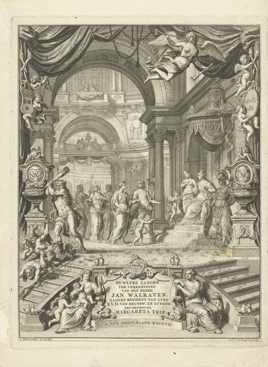 Titelblatt für: Huwlykszangen zur Vereinigung von Herrn Jan Walraven, Rat (...) seiner kurfürstlichen Durchlaucht von Braunschweig und Lüneburg. Mit Frau Margareta Trip. Amsterdam, 108 von Andries van Buysen (Sr.)