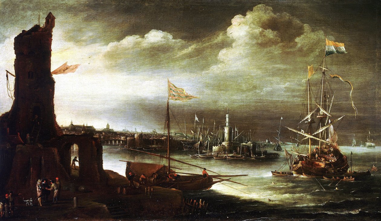 Ein niederländisches Schiff vor dem Hafen von Genua (Italien) von Andries van Eertvelt