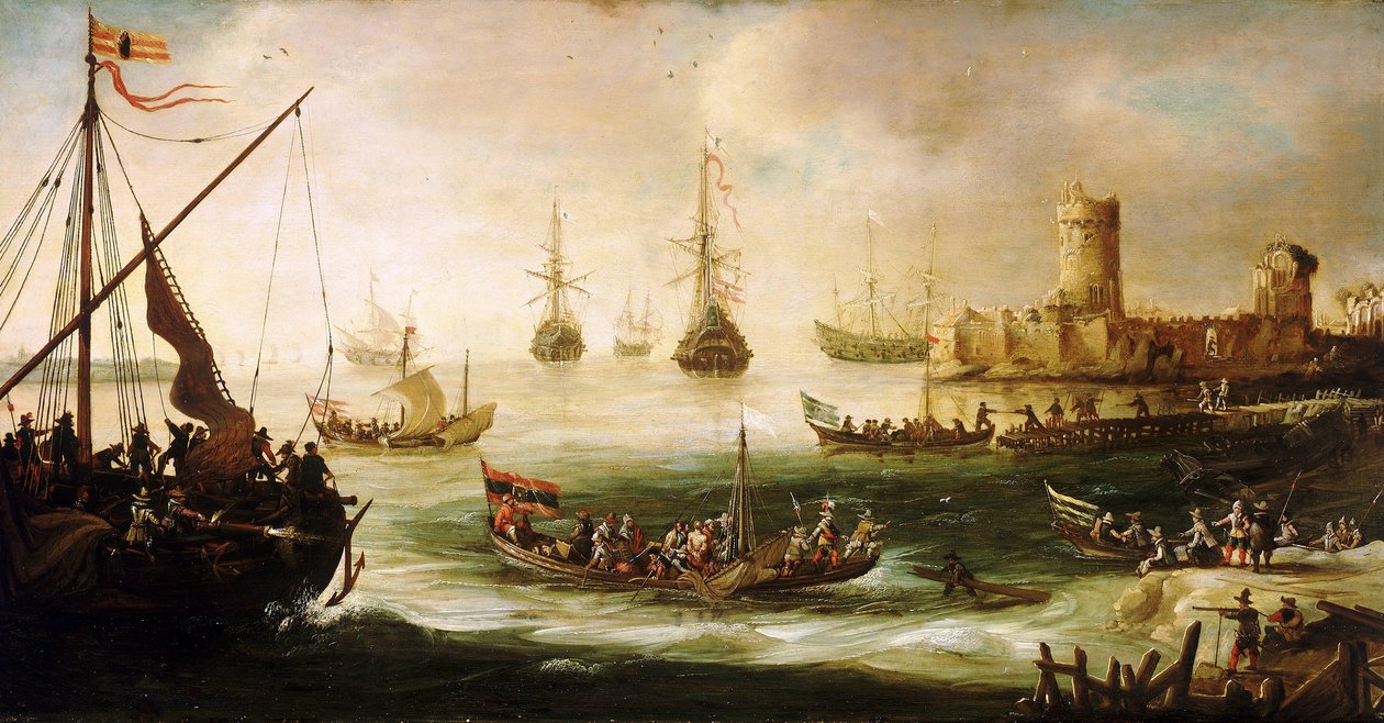 Die Rückkehr einer spanischen Expedition, Öl auf Holz, von Andries van Eertvelt (1590-1652) von Andries van Eertvelt