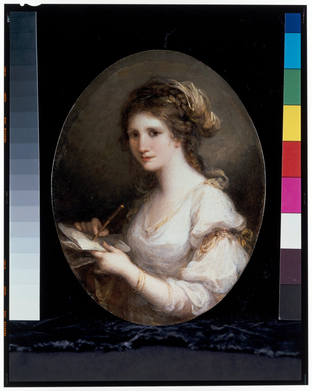 Vermutliches Selbstporträt in der Gestalt der Poesie, in einem weißen Kleid, mit einem Stift und Papier von Angelica Kauffman