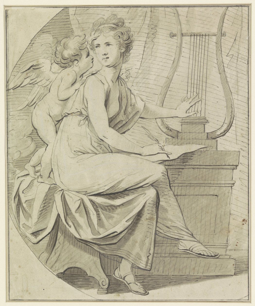 Amor inspiriert eine junge Frau, die mit einer Hand eine Leier zupft und mit der anderen Hand schreibt von Angelica Kauffmann