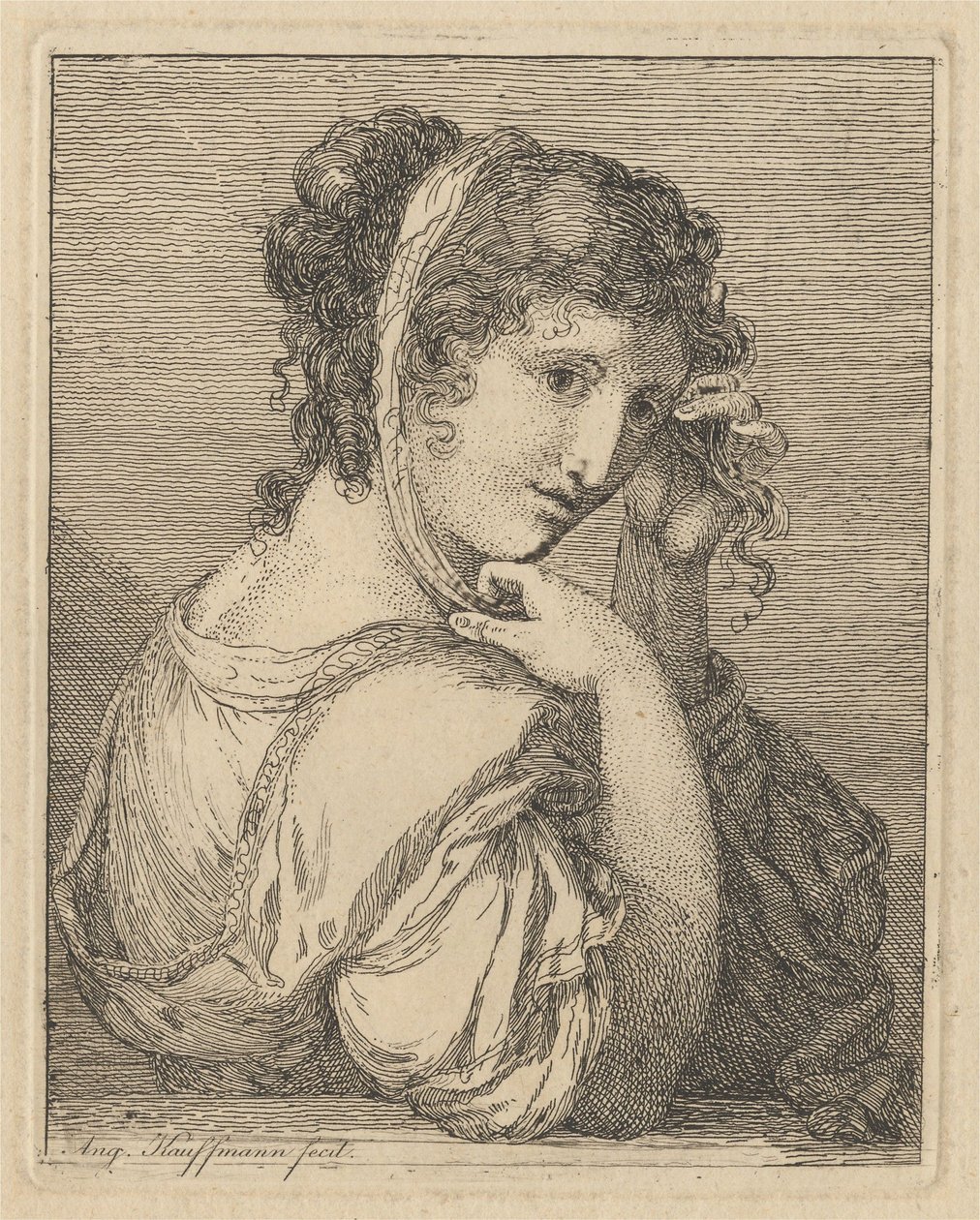 Frau, die ein Band in ihrem Haar richtet von Angelica Kauffmann