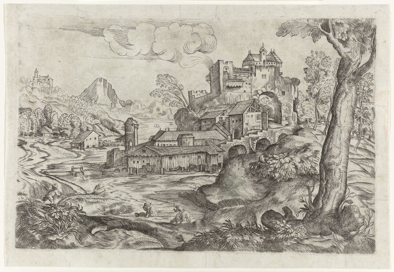 Landschaft mit Fluss und Schloss von Angelo Falconetto (attributed to)
