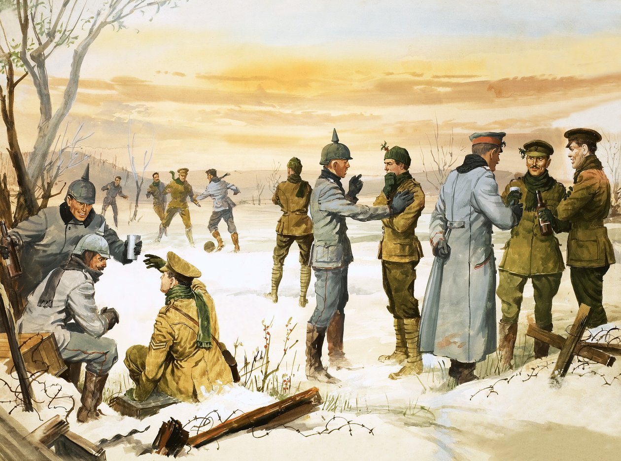 Britische und deutsche Soldaten halten einen Weihnachtsfrieden während des Großen Krieges von Angus McBride