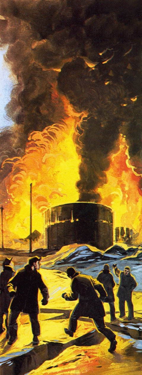 Brennende Öltanks in Seward nach dem Erdbeben von Anchorage 1964 von Angus McBride