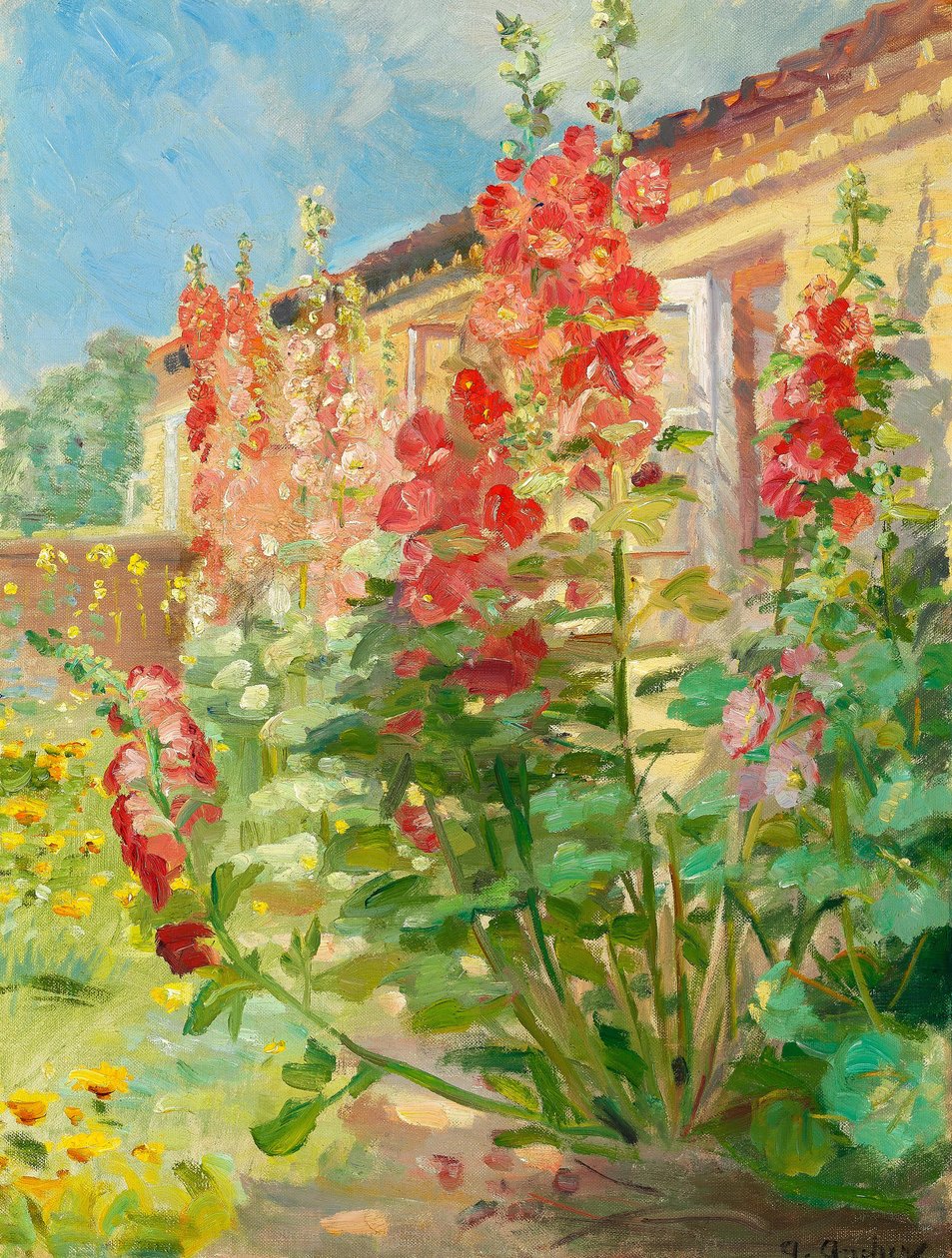 Rote Stockrosen im Garten der Familie Ancher in Markvej, Skagen von Anna Ancher
