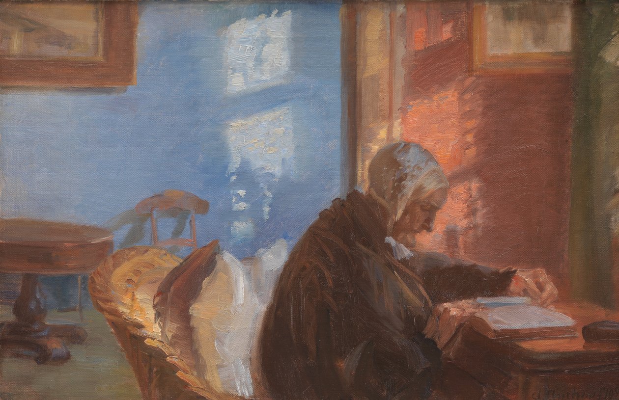 Die Mutter des Künstlers Ane Hedvig Brøndum im roten Zimmer von Anna Ancher