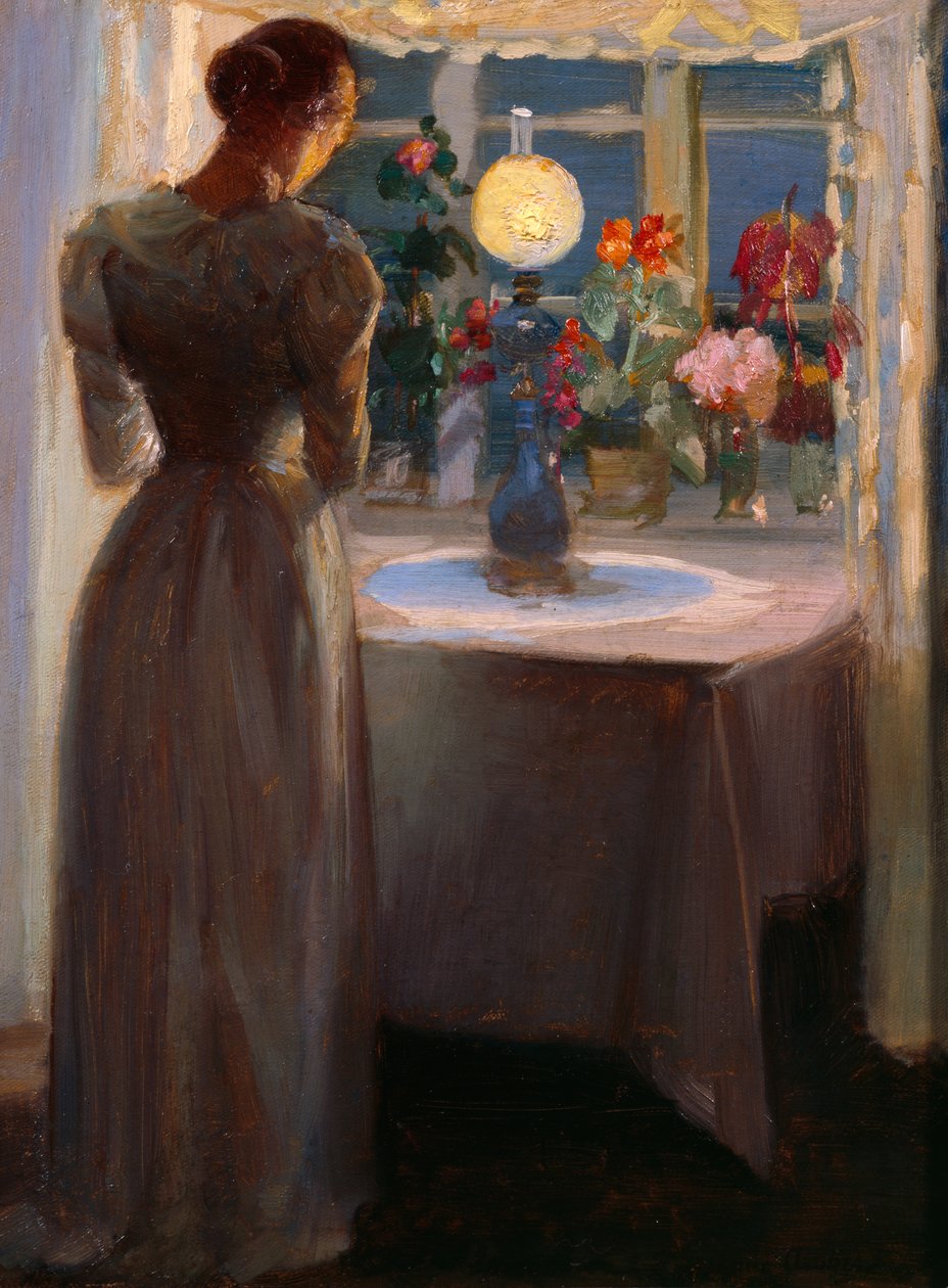 Junges Mädchen vor einer Lampe von Anna Kirstine Ancher