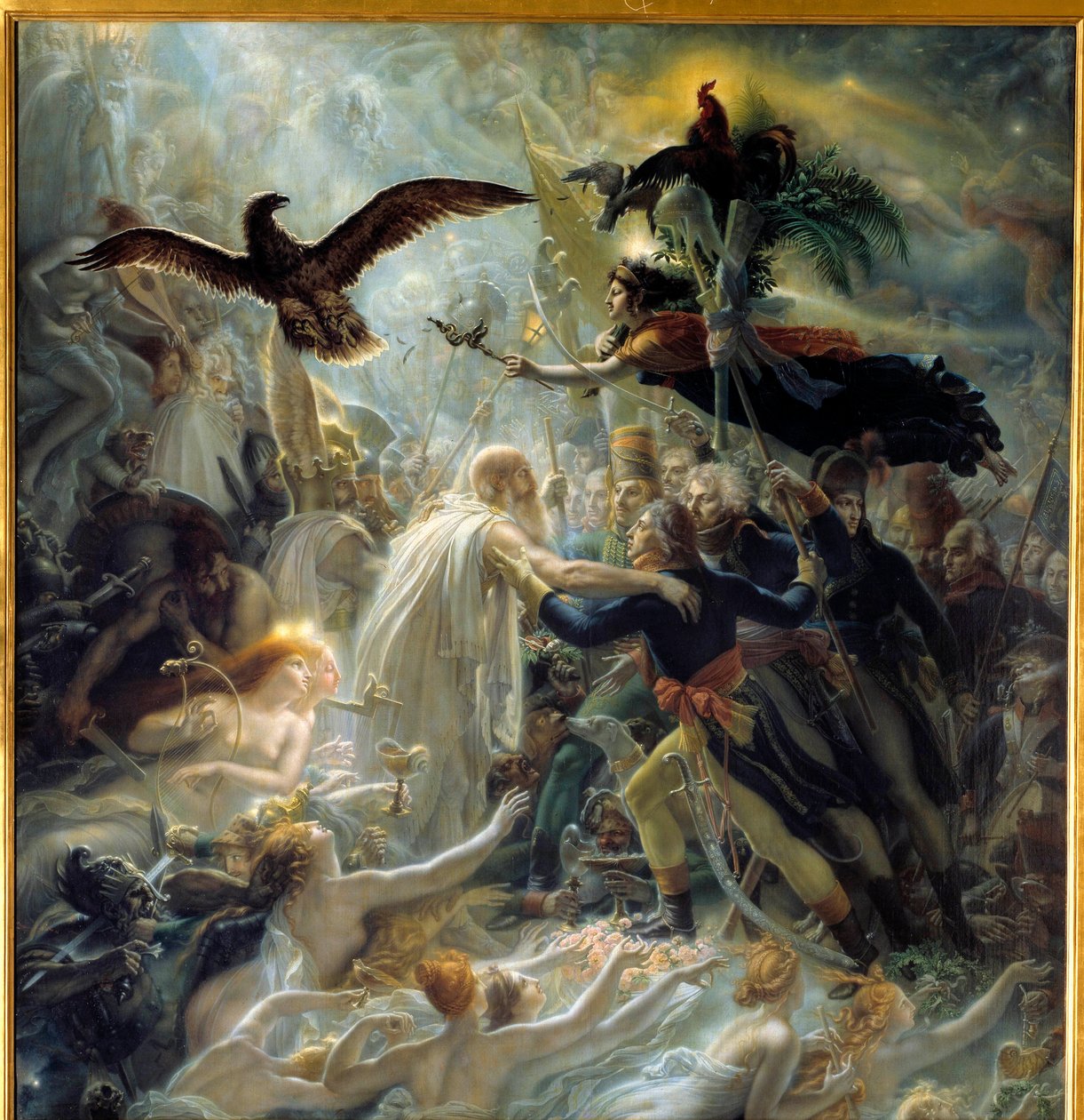 Apotheose der französischen Helden, die während des Freiheitskrieges für das Vaterland starben, Hommage an Napoleon Bonaparte, Allegorie, die den Barden Ossian, schottischen Dichter des 3. Jahrhunderts, darstellt, gelesen von Napoleon, der Louis Charles An von Anne Louis Girodet de Roucy Trioson