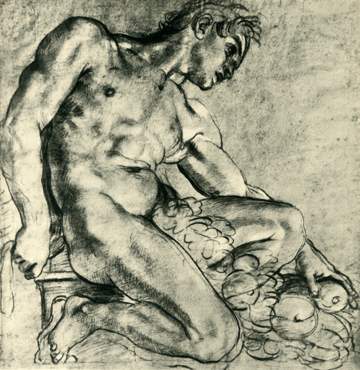 Ein sitzender Ignudo mit einem Kranz von Annibale Carracci
