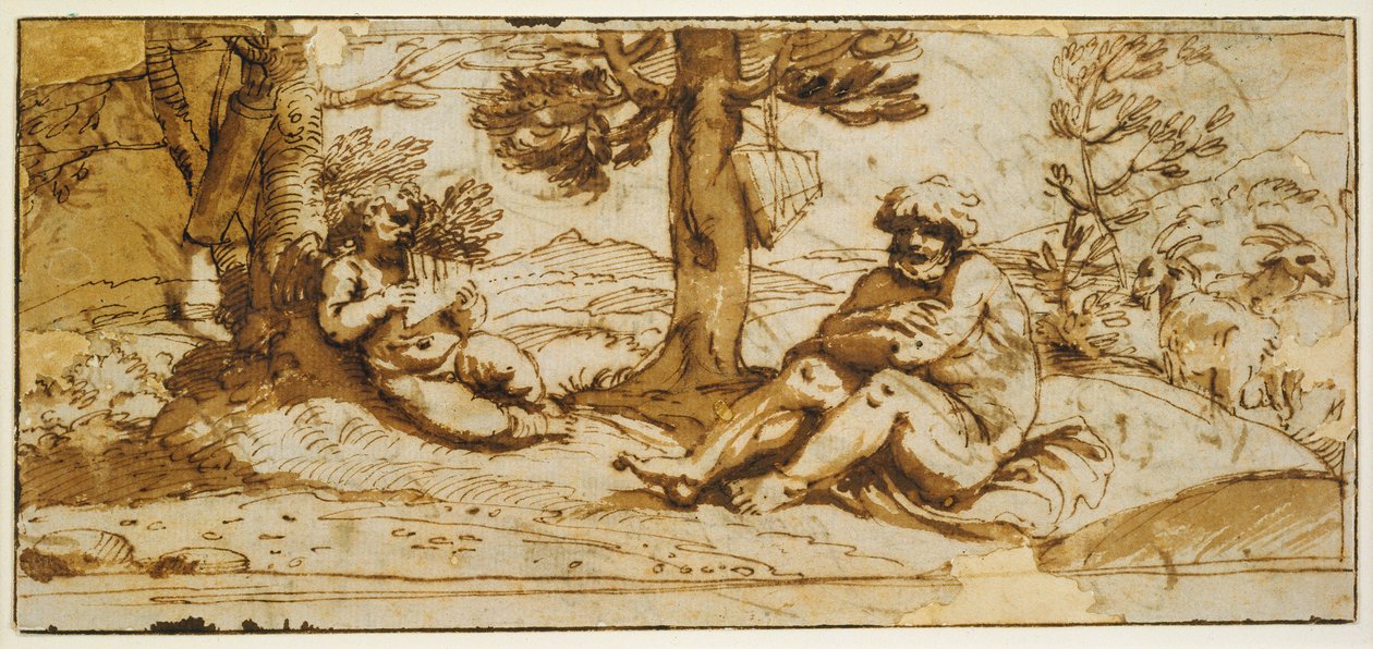 Flötenspielender Amor und Silenus in einer arkadischen Landschaft von Annibale Carracci