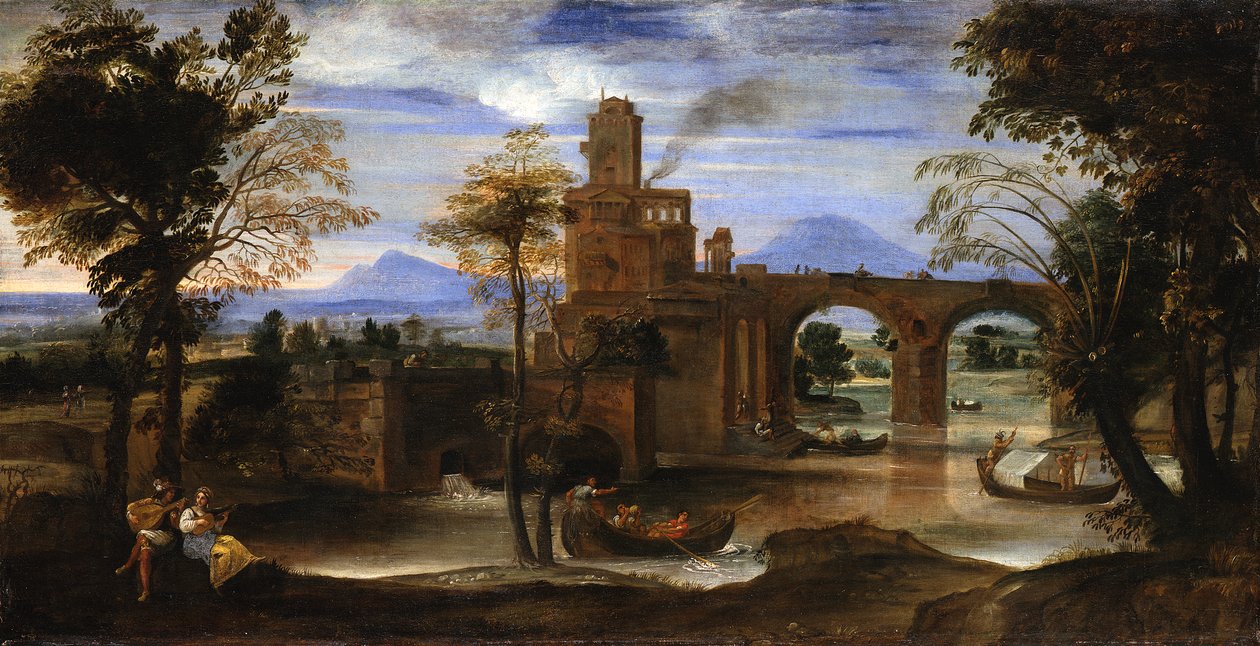 Römische Flusslandschaft mit Kastell und Brücke von Annibale Carracci