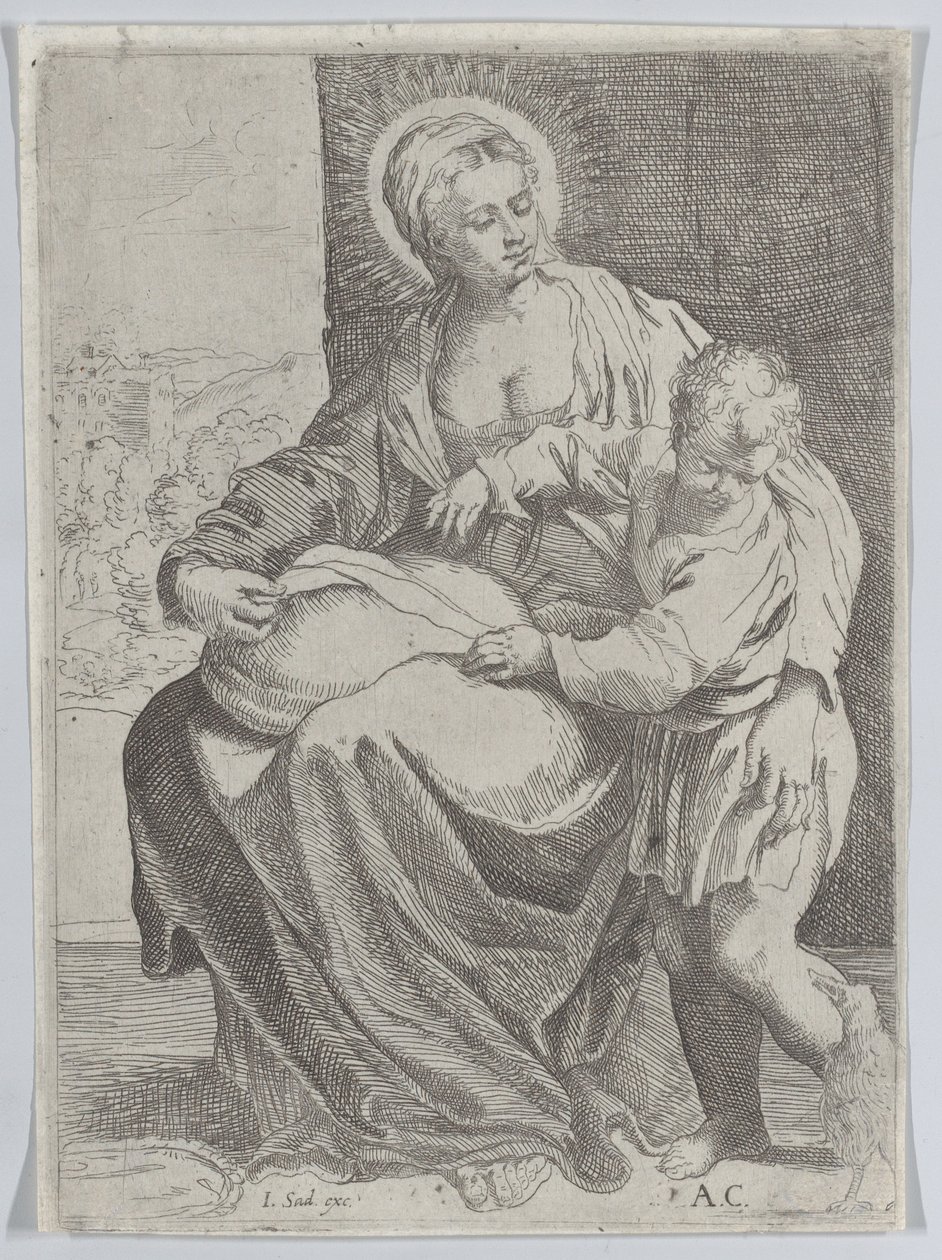 Die Jungfrau sitzt und hält ein Kissen auf ihrem Schoß, mit dem jungen Christus rechts stehend von Annibale Carracci