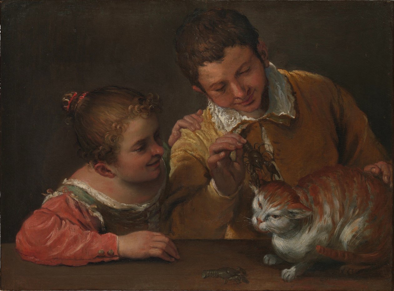 Zwei Kinder, die eine Katze ärgern von Annibale Carracci