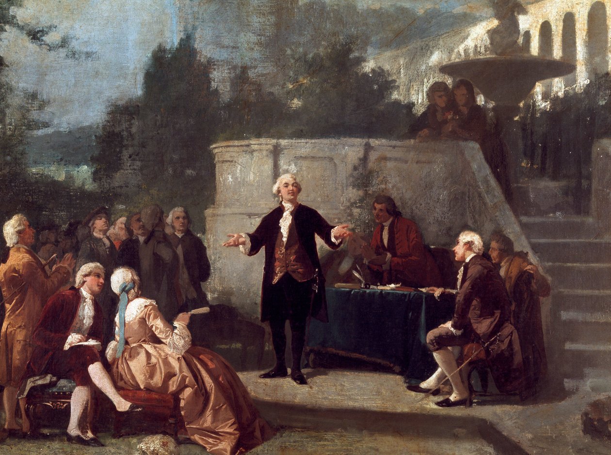 Der italienische Dramatiker Carlo Goldoni (1707-1793) deklamiert ein Sonett vor den Mitgliedern der Colonia Alfea im Scotto-Garten von Pisa von Annibale Gatti