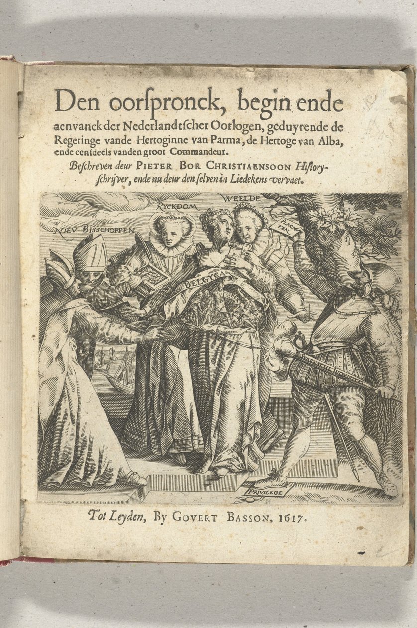 Allegorische Titelseite in: Pieter Christiaansz Bor, Den oorspronck, begin ende aenvanck der Nederlandtscher oorlogen, 1617 von Anonymous