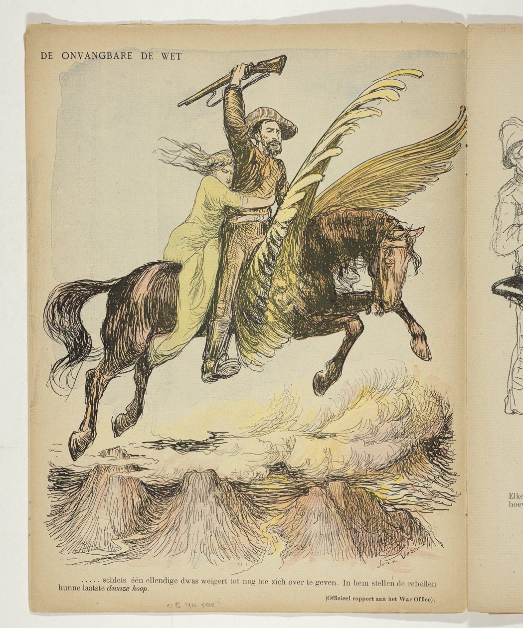 Christiaan de Wet und an ihn geklammerte Frau (die Hoffnung der Bauern) auf geflügeltem Pferd von Anonymous