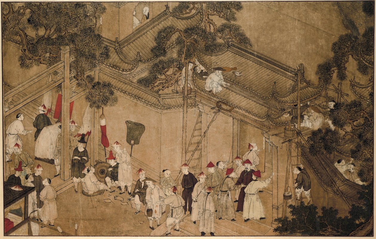 Ein Tempel mit Bauarbeitern bei der Arbeit (Serie: Die Wunder von Mazu) von Anonymous