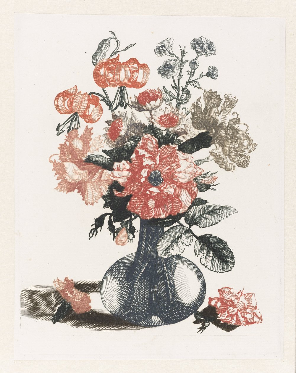 Fünf Drucke von Blumen in Glasvasen von Anonymous