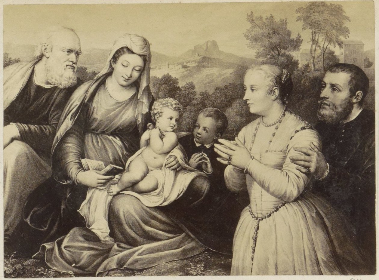 Fotoreproduktion einer (vermutlich) Druckgrafik der Heiligen Familie und Stifter von Anonymous