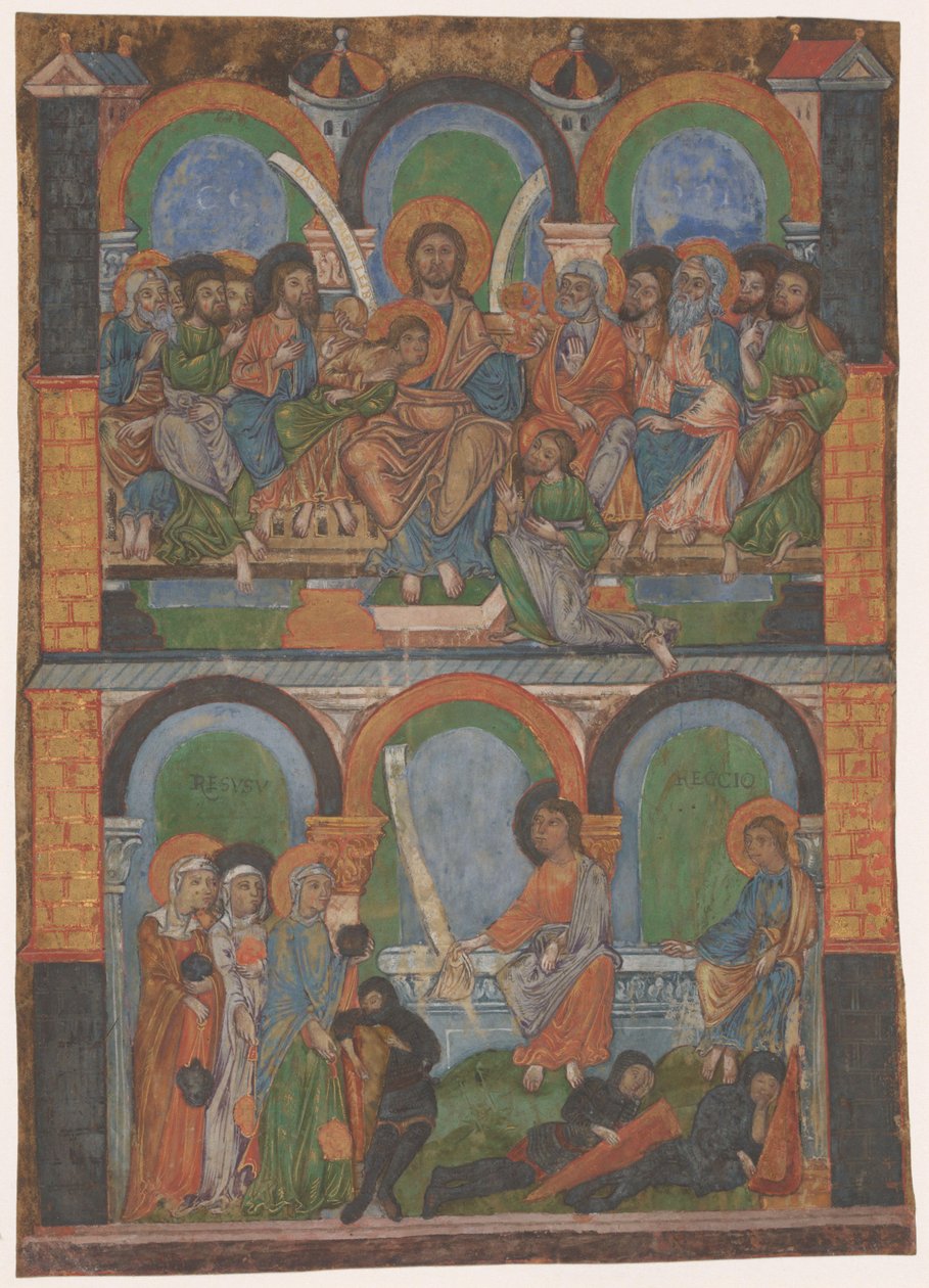 Fragment eines liturgischen Buches: das Letzte Abendmahl und die drei Frauen am leeren Grab von Anonymous