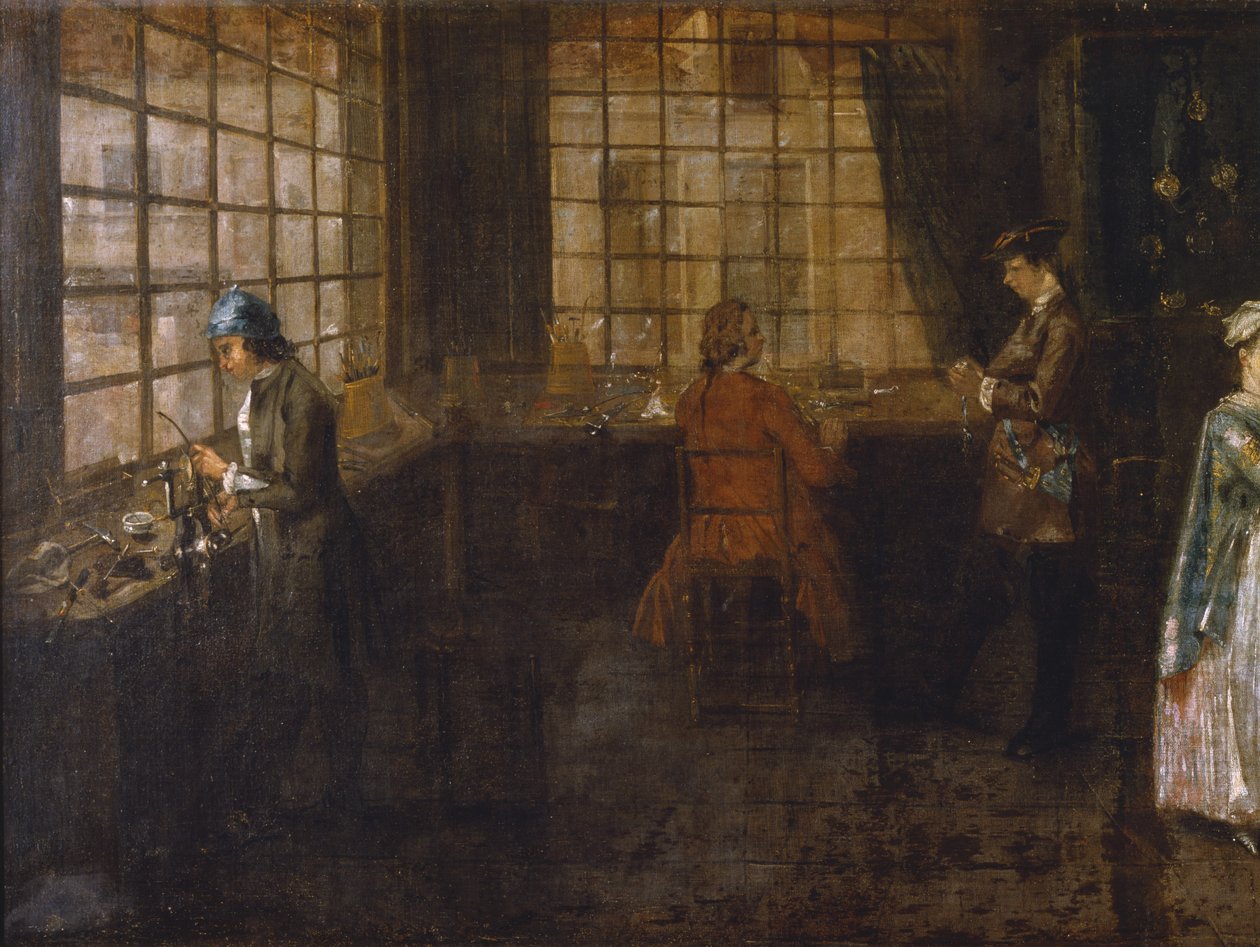 Innenraum einer Uhrmacherwerkstatt (Detail) von Anonymous