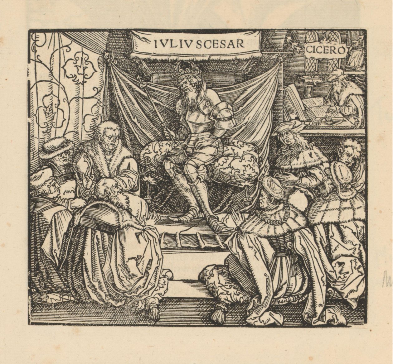 Julius Caesar in einer Ratsversammlung und Cicero schreibend im Hintergrund von Anonymous