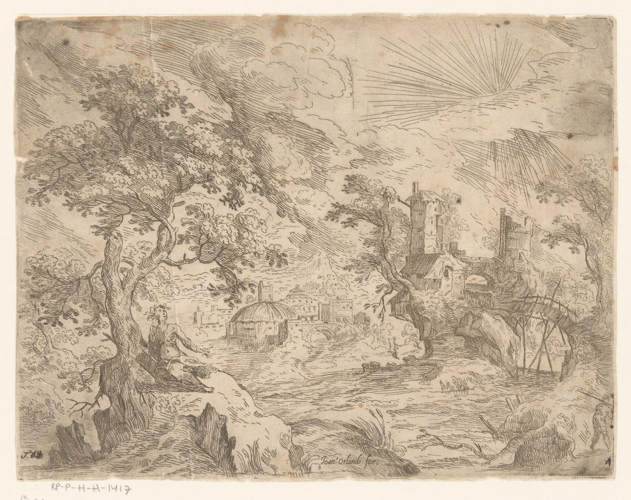 Landschaft mit Fluss und Bauwerk auf Felsen von Anonymous