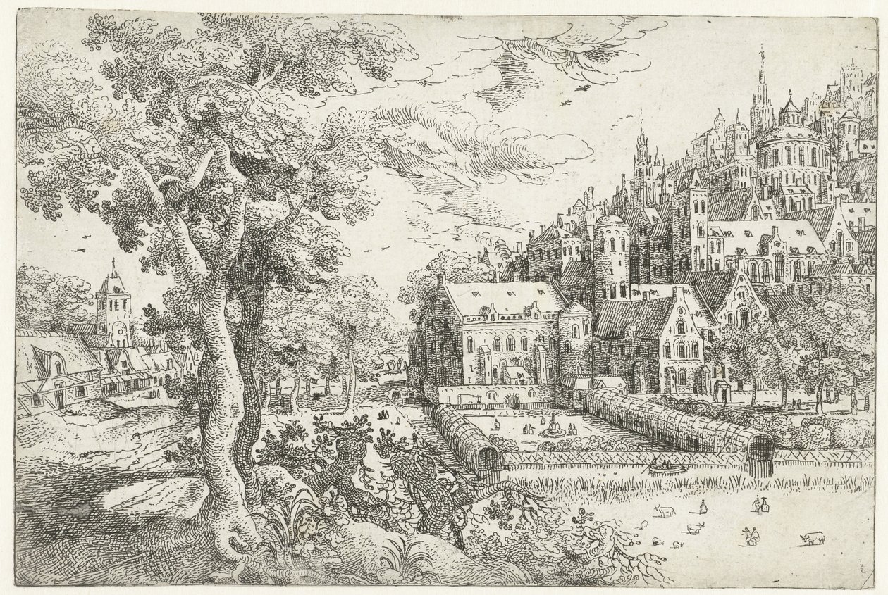 Landschaft mit Stadt an einem Hügel von Anonymous