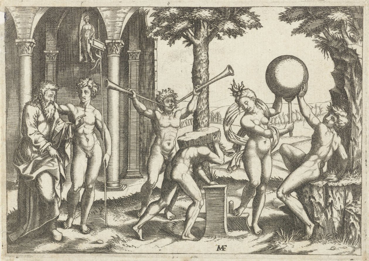Mann mit zwei Trompeten und Mann mit Stein auf dem Rücken flankiert von Mann und Frau mit Globus und altem und jungem Mann von Anonymous