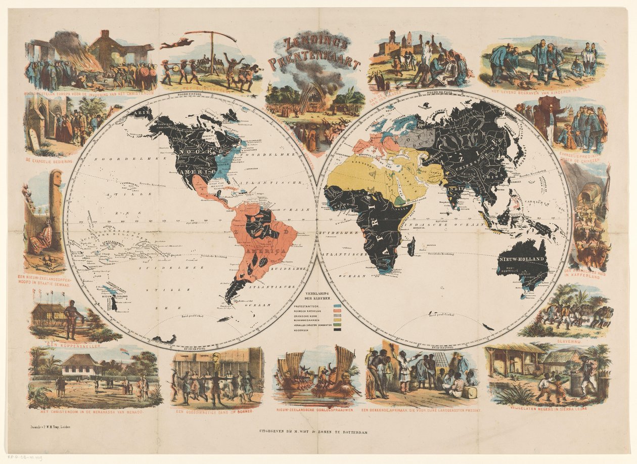 Missions-Weltkarte und religiöse Szenen Zendings Prentenkaart (Titel auf dem Objekt) von Anonymous