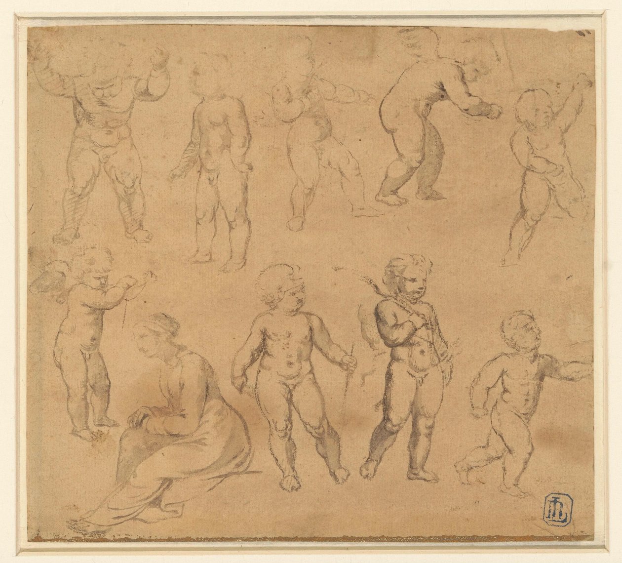 Neun Studien von Putti und eine nach links sitzende Frau von Anonymous