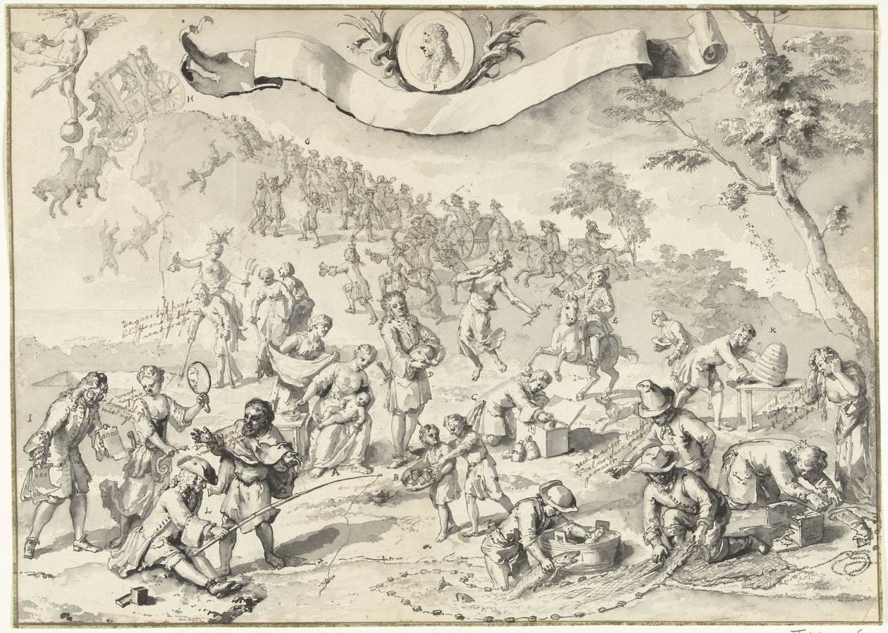 Entwurfszeichnung für den Druck Habgier versucht Fortuna einzuholen, 1720 (Het Groote Tafereel der Dwaasheid) von Anonymous
