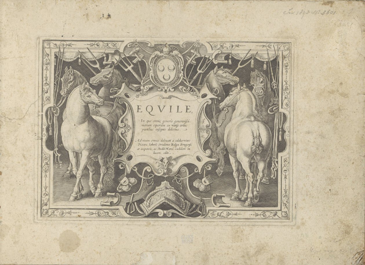 Ornamentale Kartusche mit Titel flankiert von Pferden von Anonymous