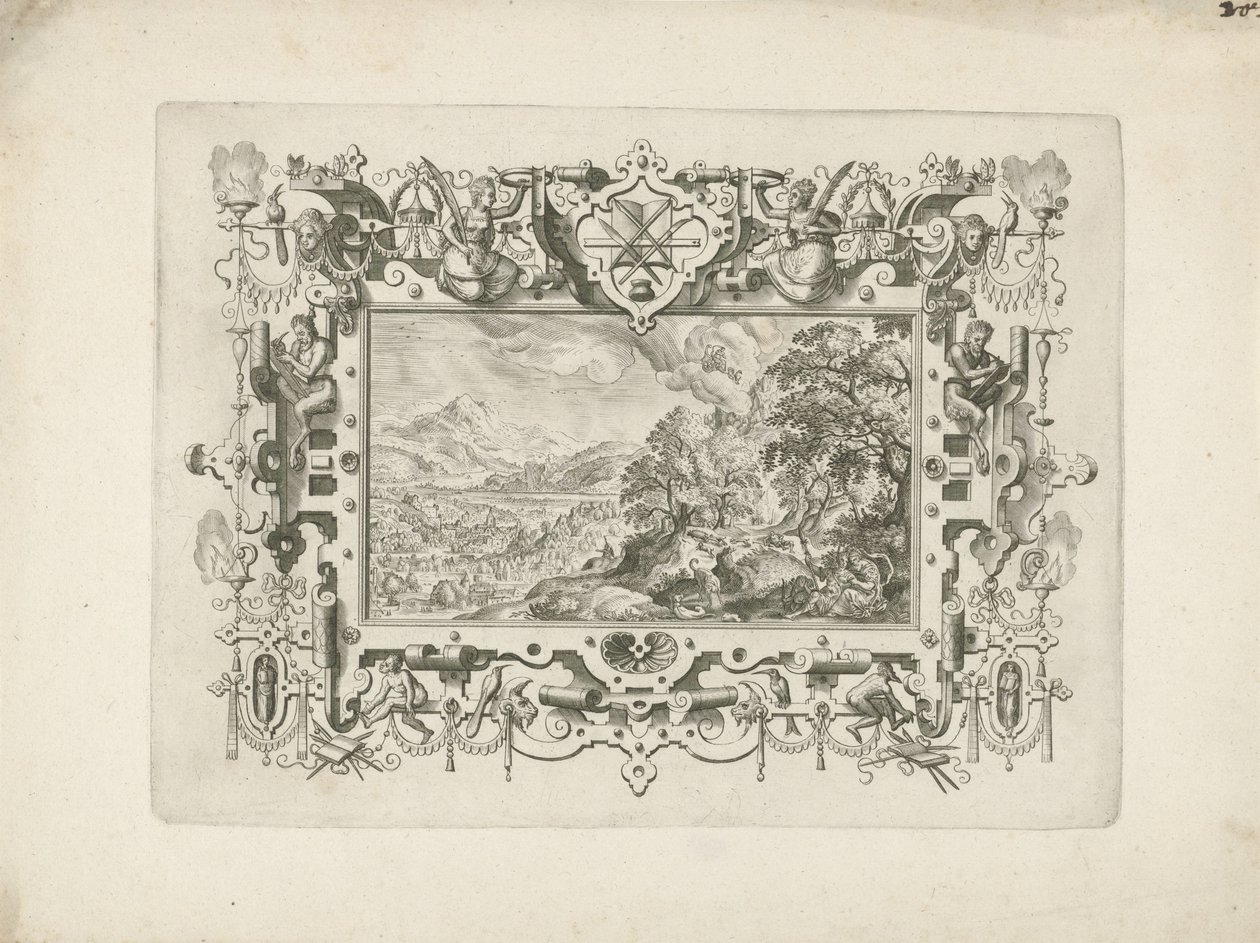 Ornamentrahmung mit Rollwerk und Figuren, darin Landschaft mit Venus und Adonis von Anonymous