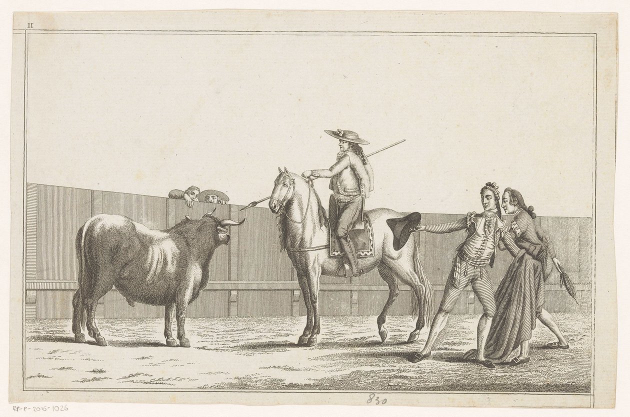 Picador richtet seine Lanze auf einen Stier Coleccion de las principales suertes de una corrida de toros (Serientitel auf dem Objekt) Sammlung der wichtigsten Manöver beim Stierkampf (Serientitel) von Anonymous