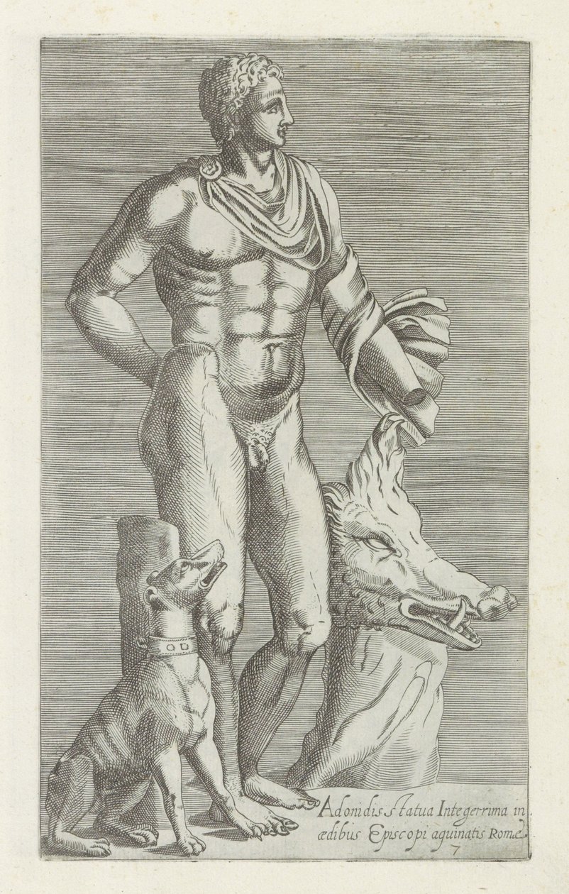 Skulptur von Adonis mit Jagdhund und Kopf eines Wildschweins (Antike Skulpturen in Rom) von Anonymous
