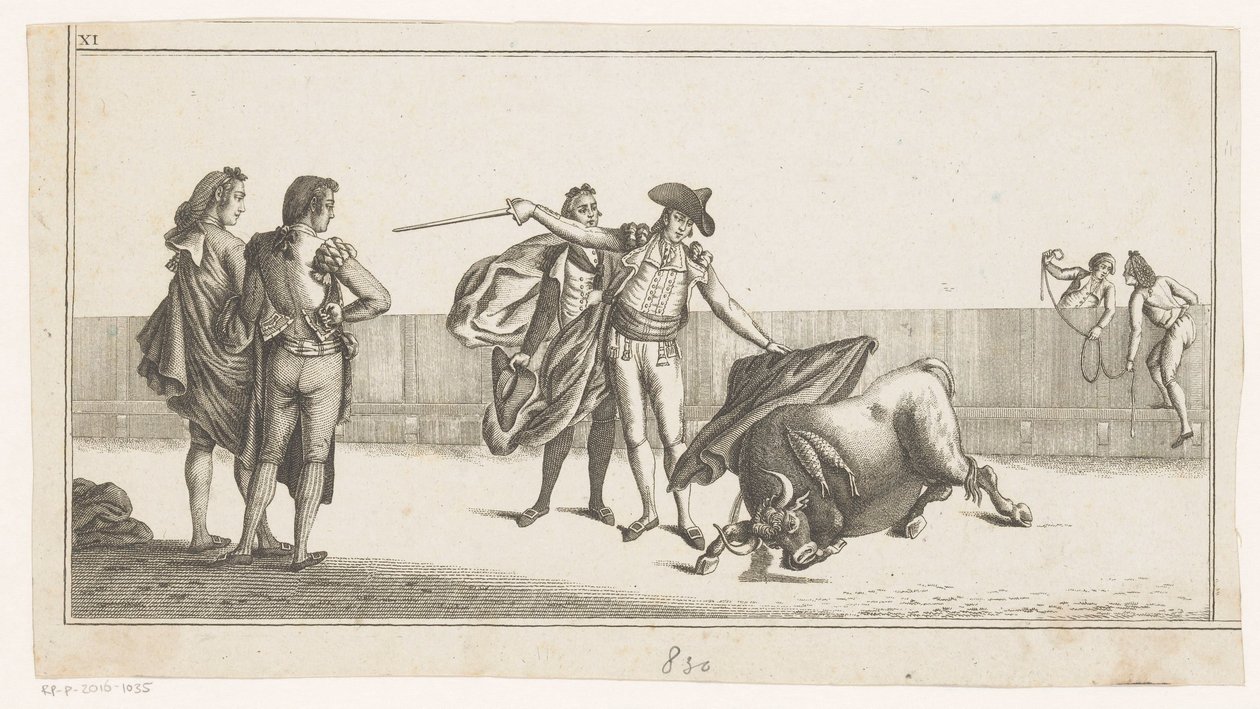 Stier gestochen von einem Matador (Sammlung der wichtigsten Manöver beim Stierkampf) von Anonymous