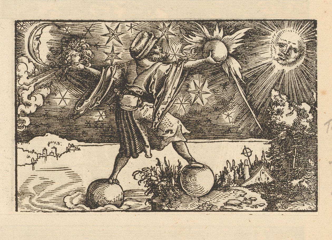 Sonne und Mond und ein Mann, der die vier Elemente balanciert von Anonymous
