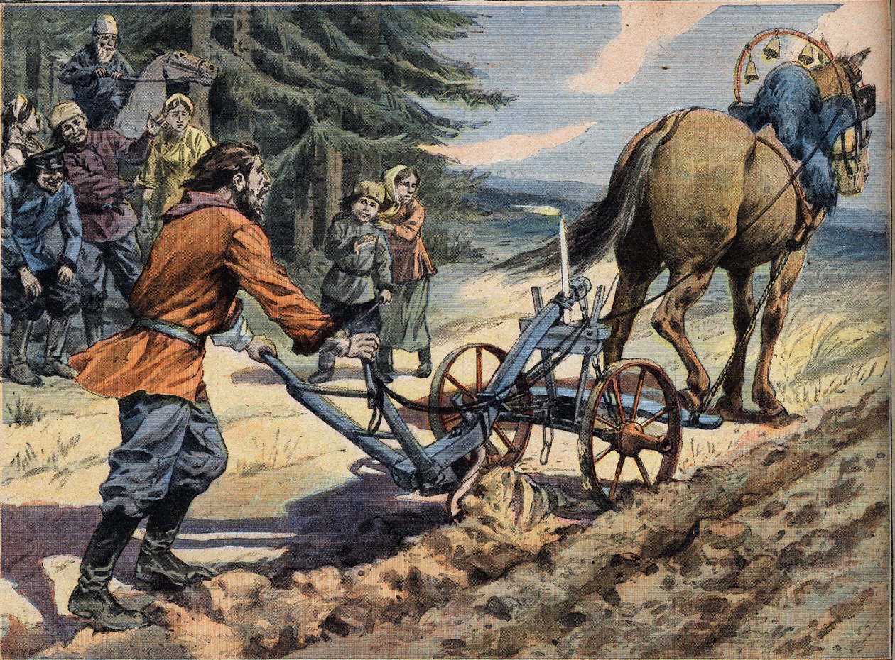 Ein russischer Bauer pflügt das Feld mit Hilfe eines Pfluges, auf dem eine Kerze liegt. Conte de Easter Gravur aus der Zeitung 