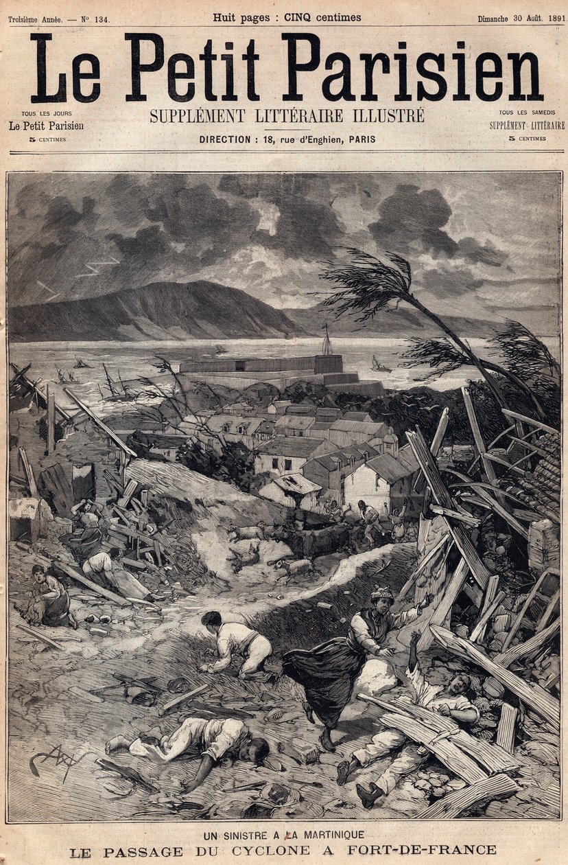 Eine Katastrophe in Martinique: der Durchzug des Zyklons in Fort-de-France im Jahr 1891. Gravur in „Le petit Parisien“ vom August 1891. Private Sammlung. von Anonymous Anonymous