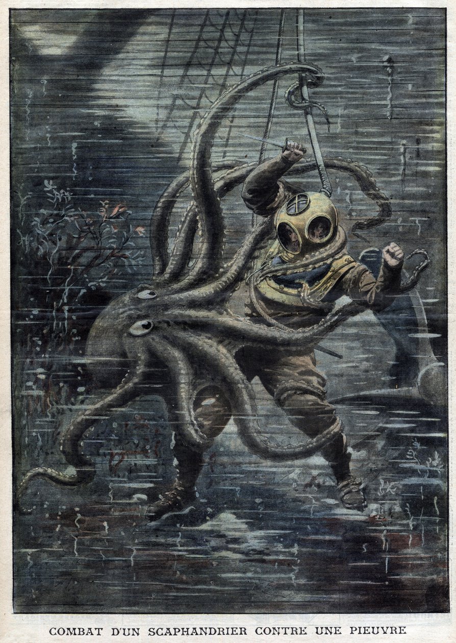 Ein riesiger Oktopus überwältigt fast den amerikanischen Taucher Martin Lund - Ein riesiger Oktopus greift den amerikanischen Taucher Martin Lund an - Kampf eines Tauchers gegen einen Oktopus - „The Petit Journal“ von Anonymous Anonymous