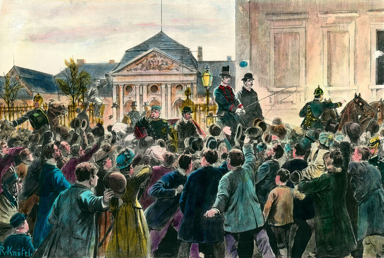 Begeisterung der Menge beim Abschied von Otto von Bismarck (1815-1898), der am 29. März 1890 sein Amt und Berlin verlässt. Gravur aus dem späten 19. Jahrhundert, Privatbesitz von Anonymous Anonymous