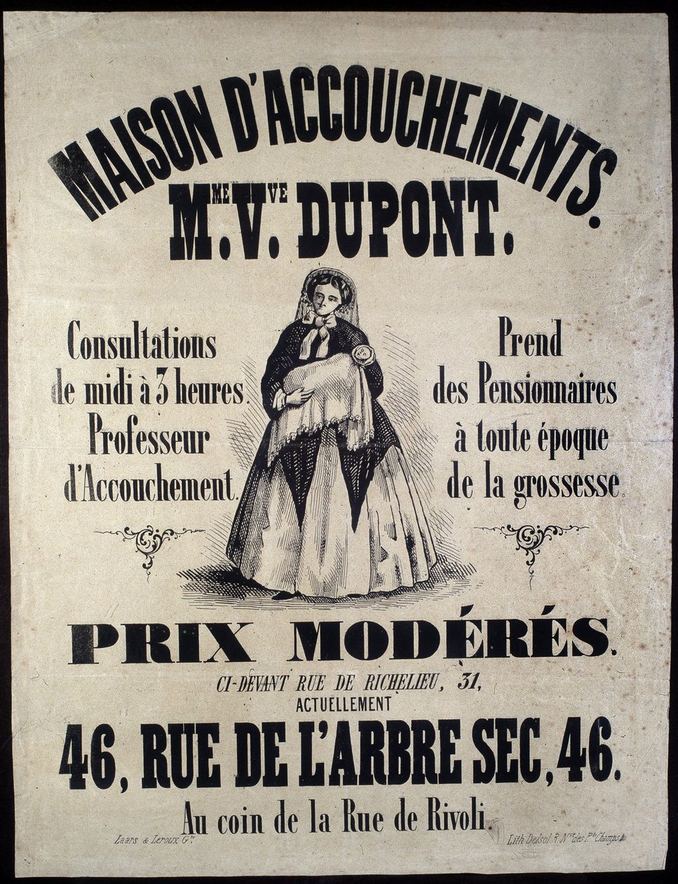 Werbung für ein Geburtshaus (Entbindungsheim) in Paris im Jahr 1850. Madame Dupont, niedrige Preise in der Rue de l