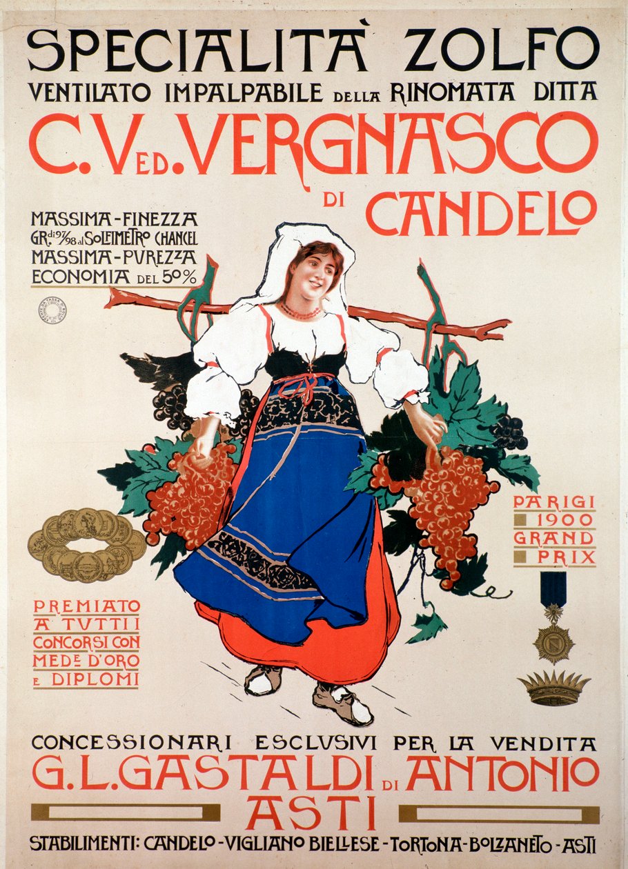 Werbeplakat für das Fungizid gewinnertes Schwefel, hergestellt von der italienischen Firma Vergnasco Candelo, 20. Jahrhundert von Anonymous Anonymous