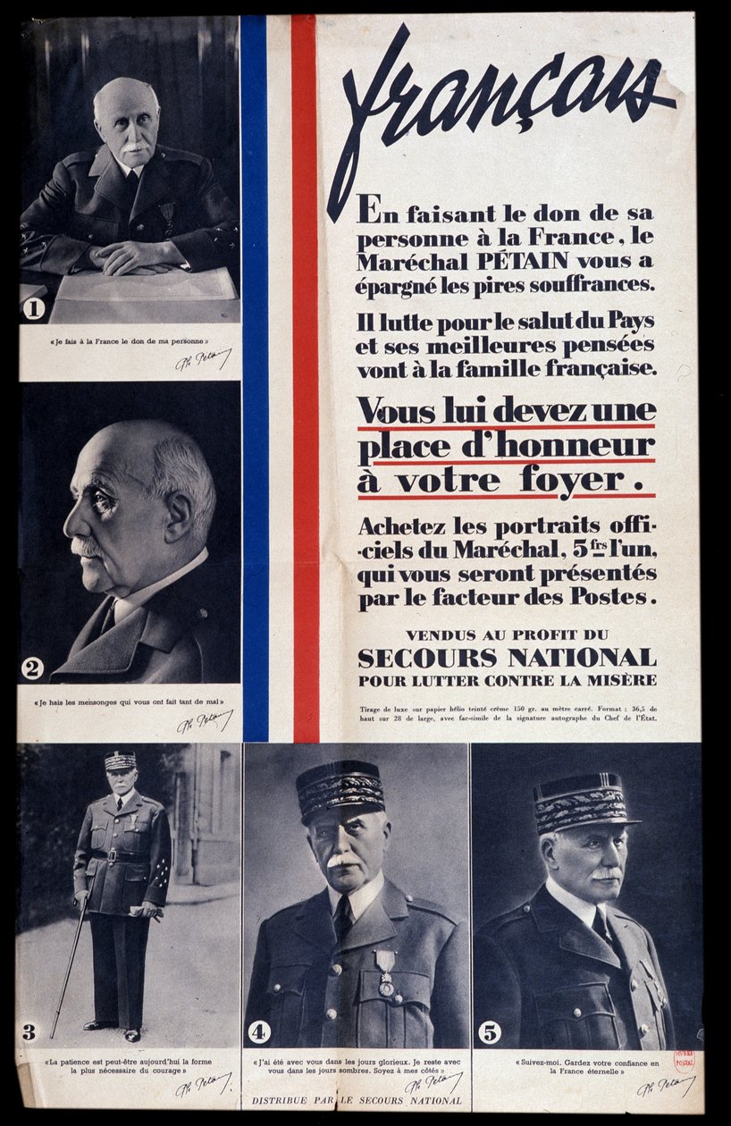 Werbeplakat für den Verkauf von Porträts von Marschall Philippe Petain während des Zweiten Weltkriegs und Lobpreisung Petains (verkauft zugunsten der nationalen Hilfe zur Bekämpfung der Armut) von Anonymous Anonymous