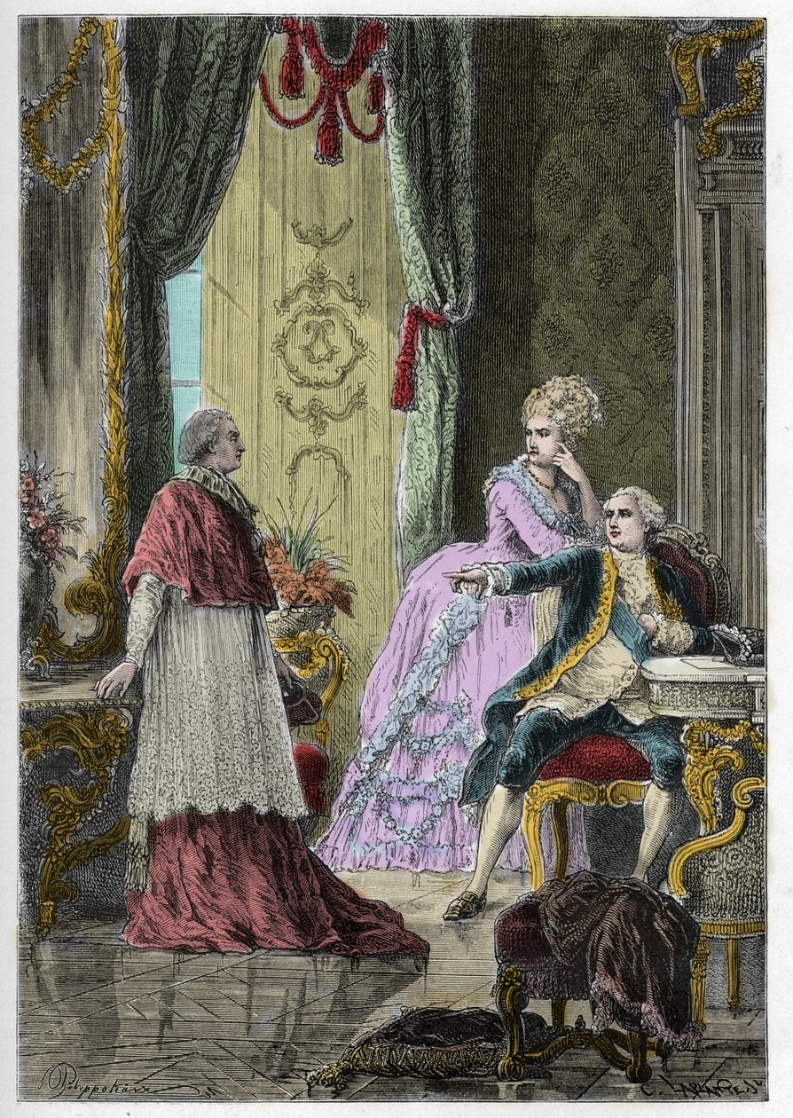 Affäre um die Halskette der Königin (1785-1786): Kardinal Louis René Édouard de Rohan (1734-1803) vor König Ludwig XVI. (1754-1793) und Königin Marie Antoinette (1755-1793) von Anonymous Anonymous