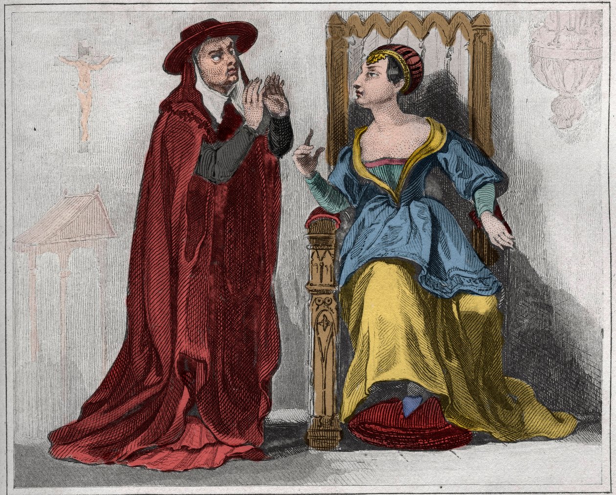 Agnes Sorel (1422-1450) (Dame von Beaute sur Marne) mit einem Kardinal. Gravur von 1859 in 