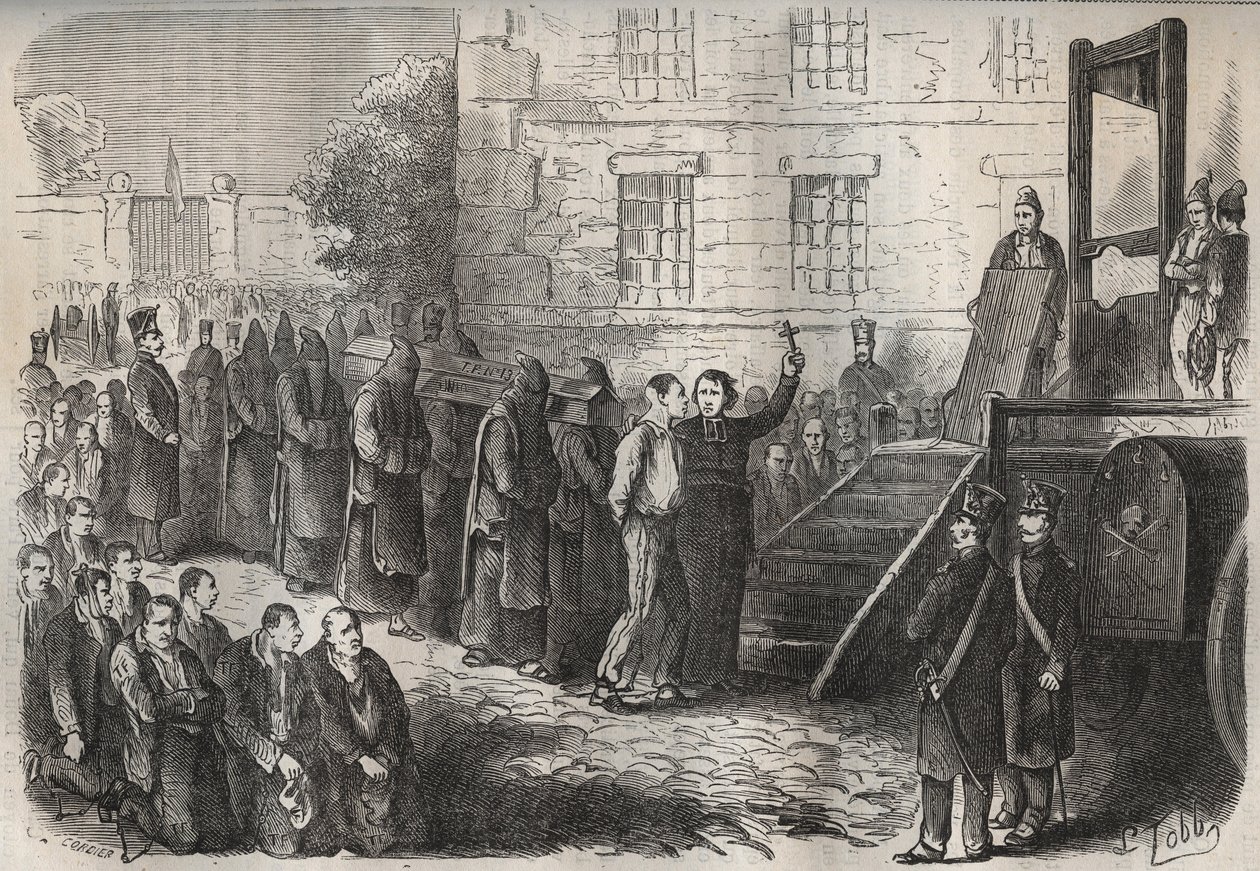 Eine Hinrichtung im Toulon-Bagne im 19. Jahrhundert. Gravur in „Histoire des bagnes depuis leur création à nos jours“ (1877) von Pierre Zaccone (1817-1895). Private Sammlung. von Anonymous Anonymous